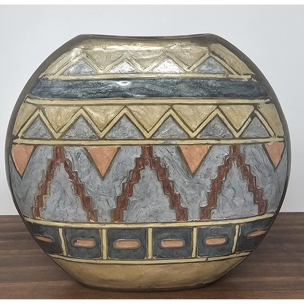 Vintage Small Geometric Enameled Painted Multicolor Brass Vase India 5"x5"